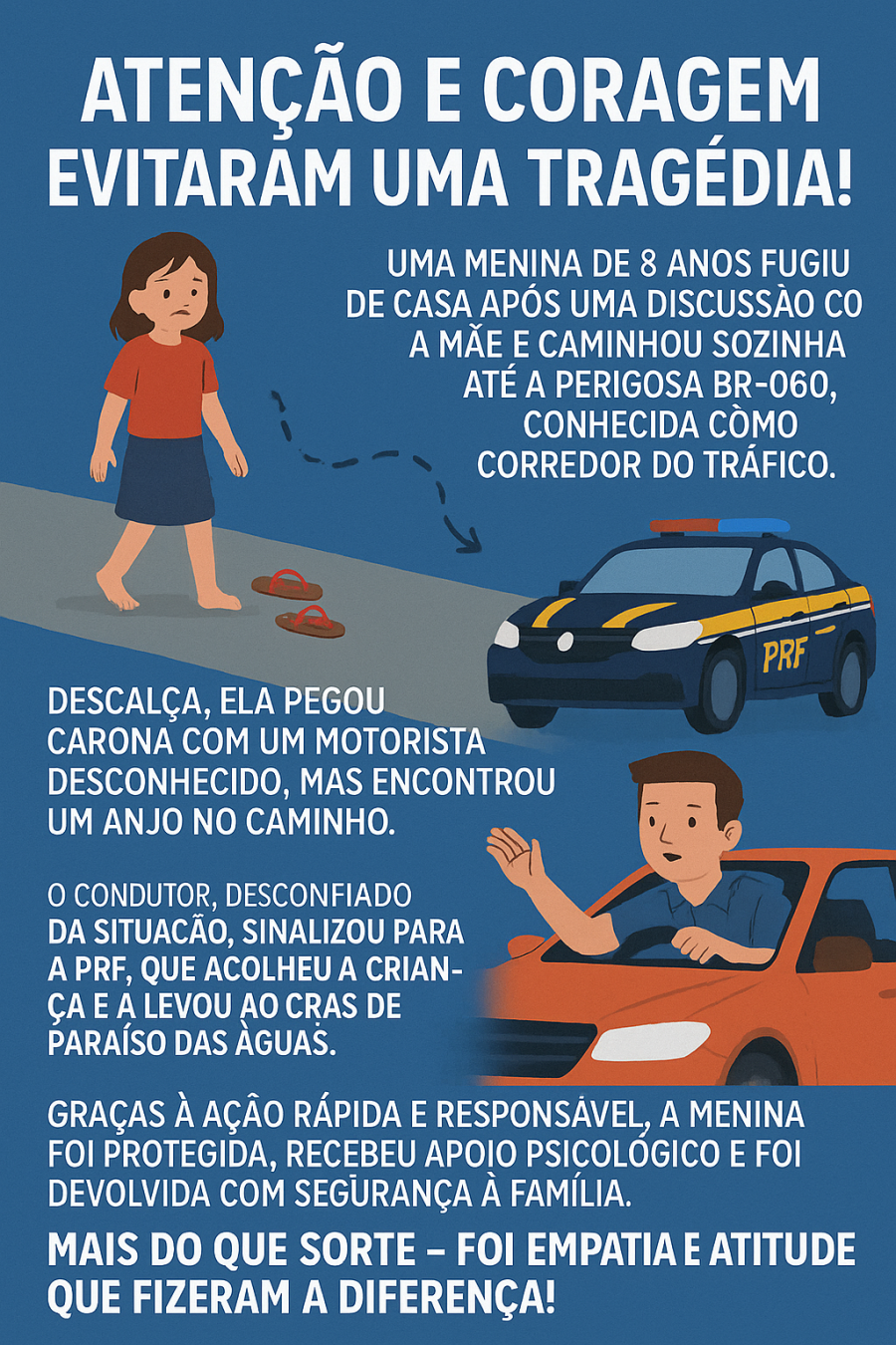 Menina de 8 anos foge de casa em fazenda na região de Bela Alvorada, pega carona e é resgatada com segurança após ação de motorista e PRF