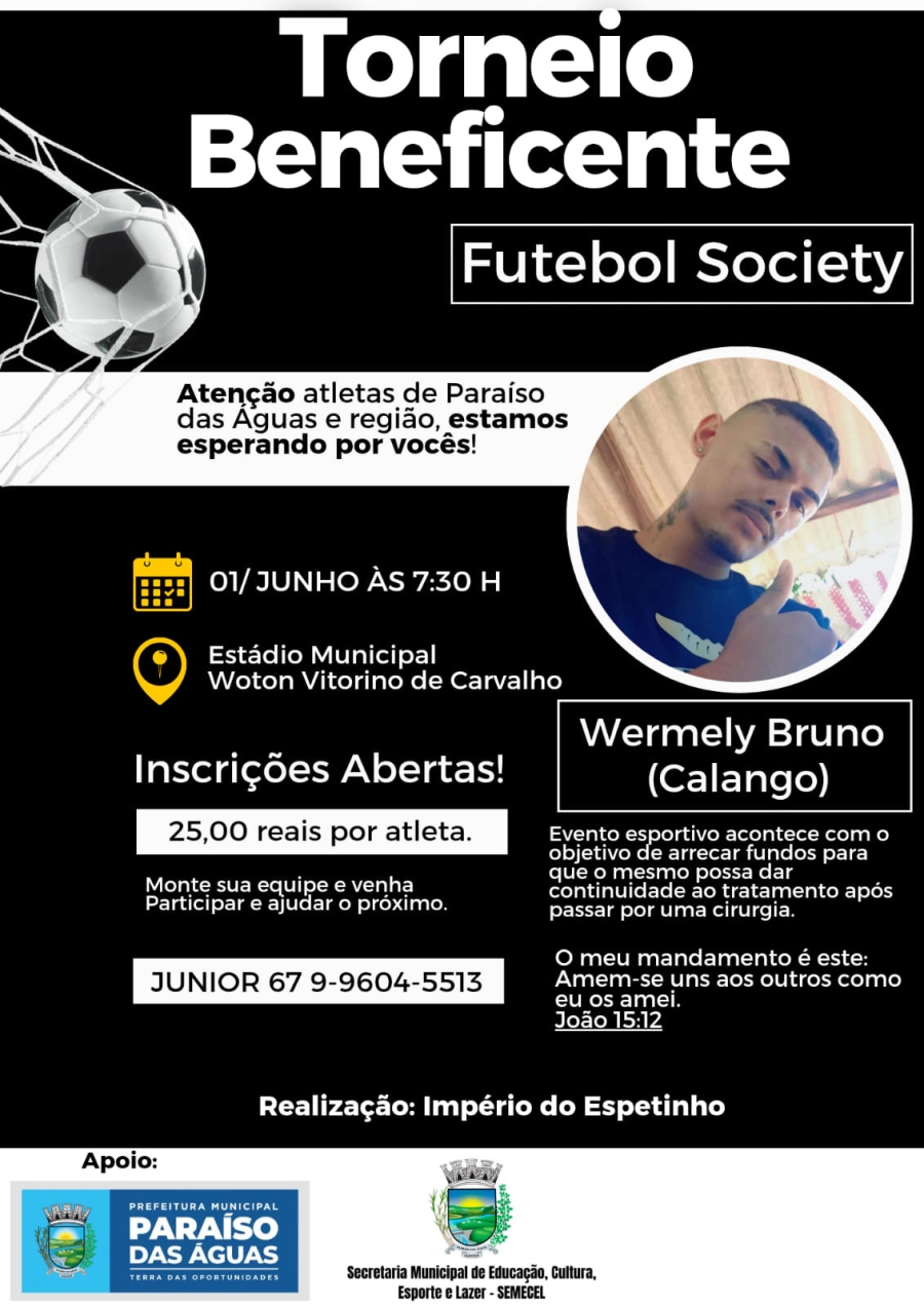 Torneio Beneficente de Futebol Society será realizado em Paraíso das Águas em prol de jovem que passou por cirurgia