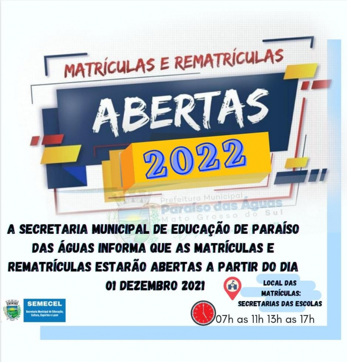 Matrículas e rematrículas na Rede Municipal de Ensino de Paraíso das Águas abertas a partir desta quarta, dia 1º