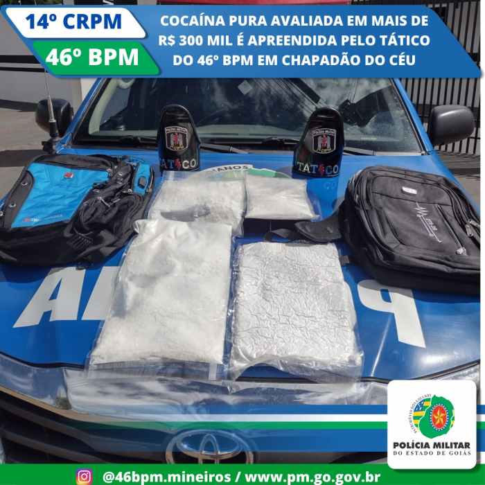 Equipe do Tático do 46° BPM de Chapadão do Céu flagra e apreende mais de R$ 300 mil em cocaína pura
